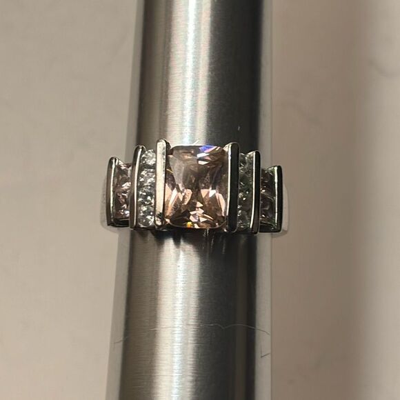 Silver Tone Square Cut Light Pink and clear crystal statement cocktail ring 7 - Picture 1 of 8